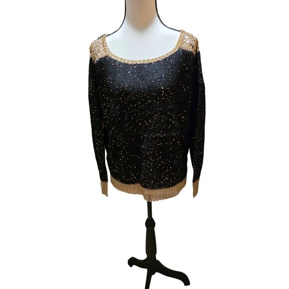 LTX Elegant Black Gold Trim Sweater Sparkling Metallic Knit Holiday Party S/M - Picture 1 of 6